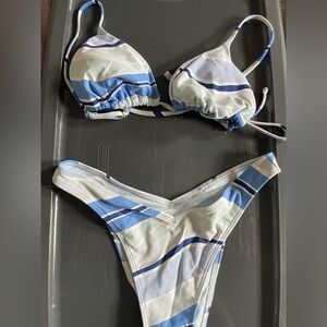 Blue and White Striped Women's Bikini Swim Set